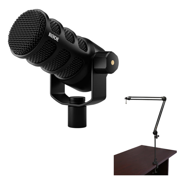 RODE PodMic USB and XLR Dynamic Broadcast Microphone Bundle with Auray BAI-2N Two-Section Broadcast Arm with Internal Springs