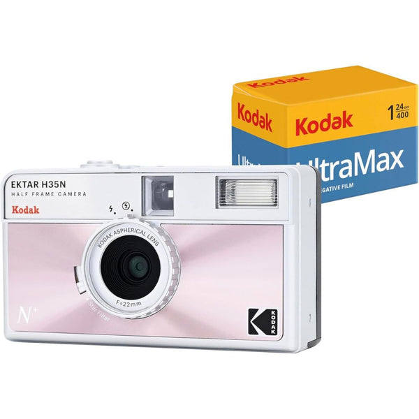 KODAK EKTAR H35N Half Frame Film Camera Bundle with Kodak Ultramax 400/24EXP 35mm Roll Film (Glazed Pink, Bundle)