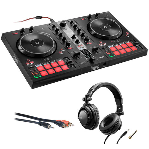 Hercules DJ Control Inpulse 300 MK2 2-Deck USB DJ Controller Bundle with Hercules HDP DJ45 Closed-Back, Over-Ear DJ Headphones and 6' Mini to RCA Cables