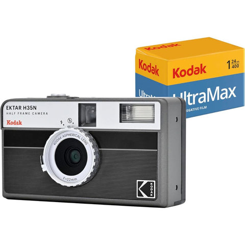 KODAK EKTAR H35N Half Frame Film Camera Bundle with Kodak Ultramax 400/24EXP 35mm Roll Film (Striped Black)