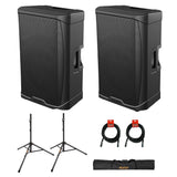 Gemini Sound GD-215PRO 1300-Watt Professional PA Speakers with Bluetooth Bundle with Auray SS-47S-PB Deluxe Steel Speaker Stands with Tripod Base and Carrying Case and 2x XLR Cable