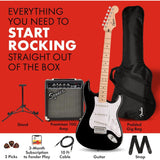 Squier by Fender Electric Guitar Kit Sonic Stratocaster Black Bundle with Fender Guitar Stand, Height-Adjustable with Sturdy Metal