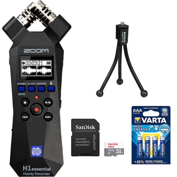 Zoom H1essential 2-Track 32-Bit Float Portable Audio Recorder Bundle with SanDisk 32GB Memory Card with SD Adapter, Varta High Energy AAA 4 Pack and Magnus SnapPod Compact Tabletop Tripod