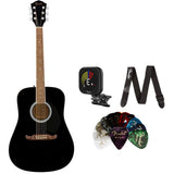 Fender Acoustic Guitar FA-125 Dreadnought Black Bundle with Fender Classic Celluloid Guitar Picks 12-Pack, Fender Logo Guitar Strap 2in Black with White Logo, Fender Flash Guitar Tuner