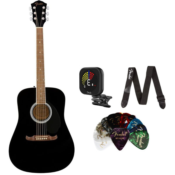 Fender Acoustic Guitar FA-125 Dreadnought Black Bundle with Fender Classic Celluloid Guitar Picks 12-Pack, Fender Logo Guitar Strap 2in Black with White Logo, Fender Flash Guitar Tuner