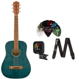 Fender FA-15 3/4 Scale Steel Acoustic Guitar Blue Bundle with Fender Classic Celluloid Guitar Picks 12-Pack, Fender Logo Guitar Strap 2in Black with White Logo, Fender Flash Guitar Tuner