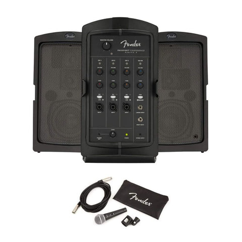 Fender 6942000000 Passport Conference Series 2 Portable Powered PA System Bundle with Fender P-52S Microphone Kit, Black