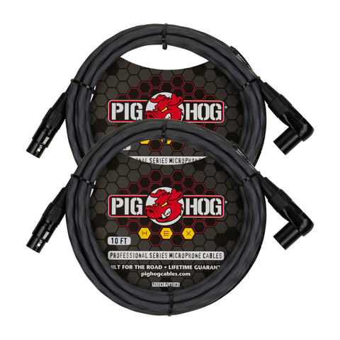 Pig Hog PHMH10GRR Hex Series, 10ft Right Angle Mic Cable, Grey (Pair)