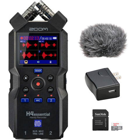 Zoom H4essential 4-Track 32-Bit Float Portable Audio Recorder Bundle with Auray WRW-H4N Custom Windbuster for Zoom H4n, 32GB SDHC Memory Card and Zoom AD17 AC Adapter