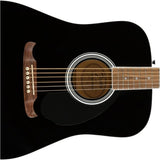 Fender Acoustic Guitar FA-125 Dreadnought Black Bundle with Fender Classic Celluloid Guitar Picks 12-Pack, Fender Logo Guitar Strap 2in Black with White Logo, Fender Flash Guitar Tuner