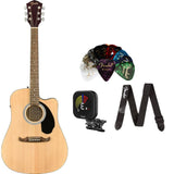 Fender FA-125CE Dreadnought Acoustic Electric Guitar Natural Bundle with Fender Classic Celluloid Guitar Picks 12-Pack, Fender Logo Guitar Strap 2in Black with White Logo, Fender Flash Guitar Tuner