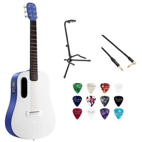 LAVA ME PLAY 36 Lite Bag Deep Blue/Frost White Bundle with Gator Rok-It Tripod Guitar Stand, Kopul Premium Performance Series Right Angle Cable and Fender Celluloid Guitar Picks Shape Medium 12-Pack