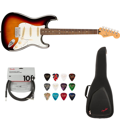 Fender Player II Stratocaster, Rosewood Fingerboard, 3-Color Sunburst Bundle with Fender FE620 Electric Guitar Gig Bag (Black), Fender 12-Pack Picks and Fender 10ft Cable (Straight/Straight)