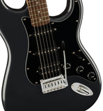 Squier by Fender Electric Guitar Kit Affinity Series Stratocaster Charcoal Frost Metallic Bundle with Fender Guitar Stand, Height-Adjustable with Sturdy Metal