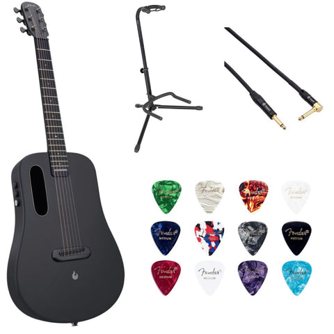 LAVA ME AIR Carbon 36" with Airflow BagSpace Black Bundle with Classic Celluloid Guitar Pick 351 Shape Medley 12-Pack, Rok-It Tripod Guitar Stand, Kopul Premium 3000 Male Instrument Cable