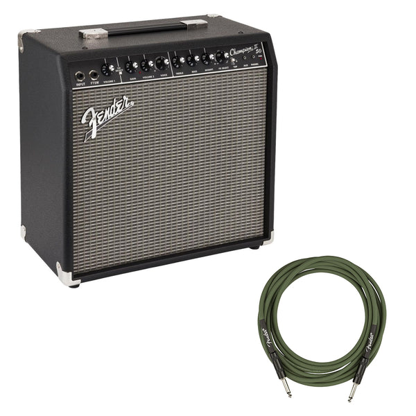 Fender Champion 50 II Guitar Amplifier Pair with Fender Joe Strummer Instrument Cable (13ft) Straight/Straight, Drab Green