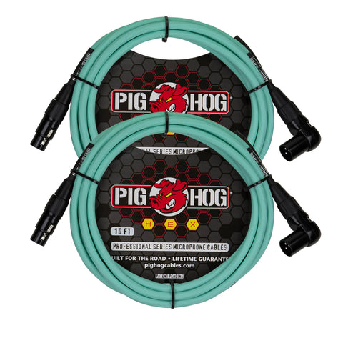 Pig Hog PHMH10SGR Hex Series, 10ft Right Angle Mic Cable, Seafoam Green (Pair)