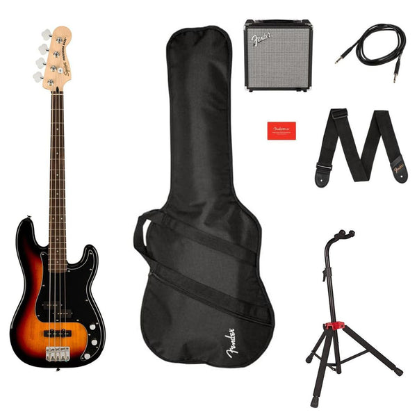 Squier by Fender Precision Bass Guitar Kit, Affinity Series, Laurel Fingerboard, 3-Color Sunburst Bundle with Fender Guitar Stand, Height-Adjustable with Sturdy Metal