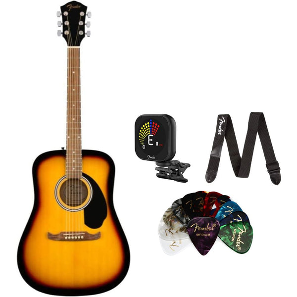 Fender Acoustic Guitar FA-125 Dreadnought Sunburst Bundle with Fender Classic Celluloid Guitar Picks 12-Pack, Fender Logo Guitar Strap 2in Black with White Logo, Fender Flash Guitar Tuner