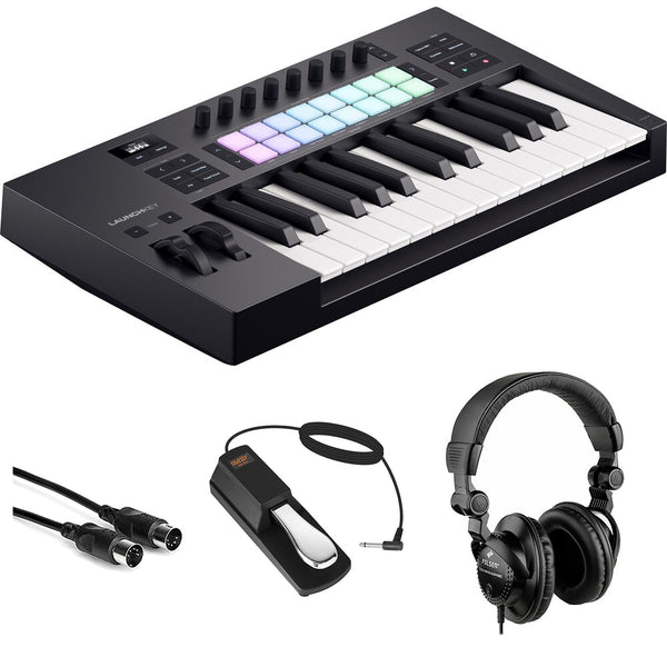 Novation Launchkey 25 MK4 USB MIDI Keyboard Controller (25 Keys) Bundle with HPC-A30 Closed-Back Studio Monitor Headphones, FP-P1L Universal Piano-Style Sustain Pedal and Mid-310 Black 10' Midi cable