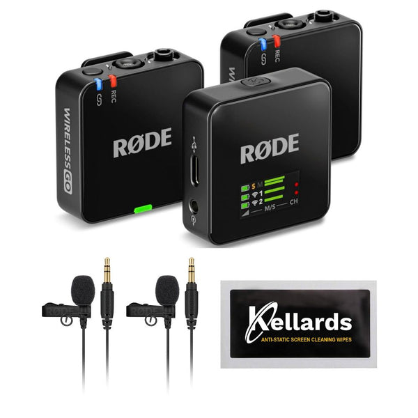 RODE Wireless GO (Gen 3) 2-Person Compact Digital Wireless Microphone Recorder Black Bundle with Rode Lavalier GO Microphone Systems (2 Pack), Anti-Static Screen Cleaning Wipes (5-Pack)