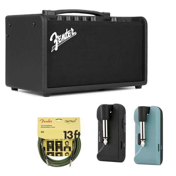 Fender Mustang LT40S Guitar Amplifier Bundle with Fender Telepath Wireless System, Mystic Ice Blue and Black and Joe Strummer Instrument Cable, Drab Green, 13ft