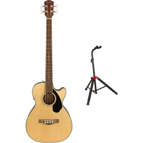 Fender CB-60SCE Acoustic Bass Natural, Laurel Fingerboard Bundle with Fender Guitar Stand, Height-Adjustable with Sturdy Metal