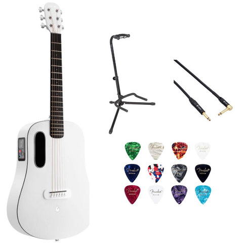 LAVA ME PLAY 36" with Lite Bag Frost White Bundle with Gator Rok-It Tripod Guitar Stand, Kopul Premium Performance Series Right Angle Cable and Fender Celluloid Guitar Picks Shape Medium 12-Pack