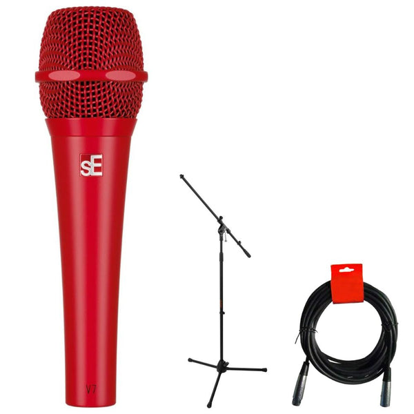 sE Electronics V7 Handheld Supercardioid Dynamic Microphone (Red) Bundle with Mic Stand with Fixed Boom, XLR- XLR Cable