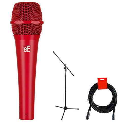 Mother Mantis: sE Electronics V7 Handheld Supercardioid Dynamic Microphone (Red) Bundle with Mic Stand with Fixed Boom, XLR- XLR Cable SE Electronics