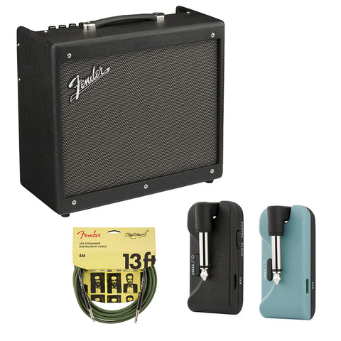 Fender Mustang GTX50 Guitar Amplifier Bundle with Fender Telepath Wireless System, Mystic Ice Blue and Black and Joe Strummer Instrument Cable, Drab Green, 13ft