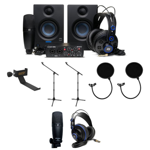 PreSonus AudioBox USB 96 Recording Bundle with Auray COHH-2 Headphone Holder, PST2 Height Microphone Stand (2 Pack), Pop Filter (2 Pack), PreSonus M7 Microphone, PreSonus HD7 Professional Headphones