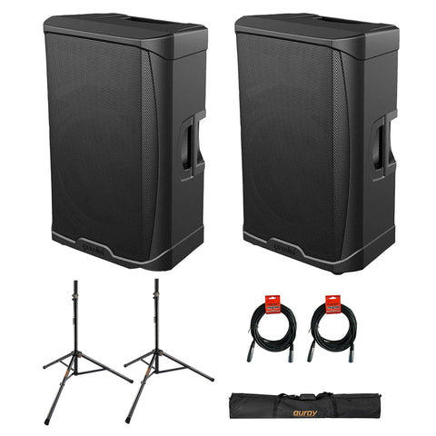 Gemini Sound GD-L215PRO 1300-Watt Professional PA Speakers with Bluetooth (Pair) Bundle with Auray SS-47S-PB Deluxe Steel Speaker Stands with Tripod Base and Carrying Case and 2x XLR Cable