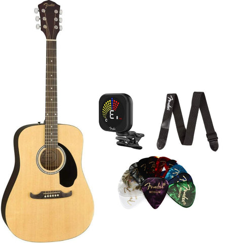 Fender Acoustic Guitar FA-125 Dreadnought Natural Bundle with Fender Classic Celluloid Guitar Picks 12-Pack, Fender Logo Guitar Strap 2in Black with White Logo, Fender Flash Guitar Tuner