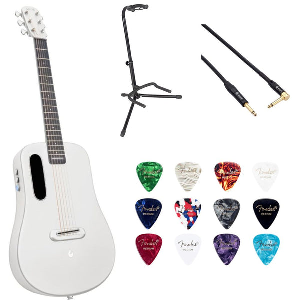 LAVA ME AIR Carbon 36" with Airflow BagSilver Bundle with Classic Celluloid Guitar Pick 351 Shape Medley 12-Pack, Rok-It Tripod Guitar Stand, Kopul Premium 3000 Male Instrument Cable