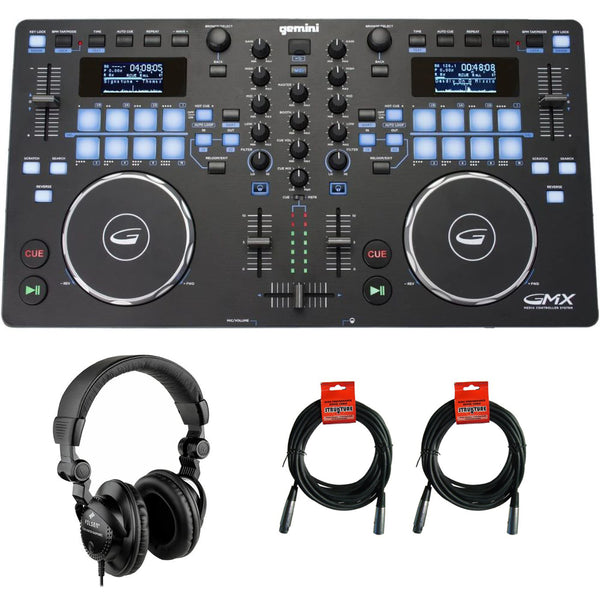 Gemini Sound GMX Media USB DJ Computer Controller Bundle with Polsen HPC-A30 Closed-Back Studio Monitor Headphones and XLR- XLR Cable (Pair)