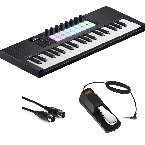 Novation Launchkey Mini 37 MK4 USB MIDI Keyboard Controller (37 Mini Keys) Bundle with Auray FP-P1L Universal Piano-Style Sustain Pedal and Hosa Mid-310 Black 10 ft. Midi cable