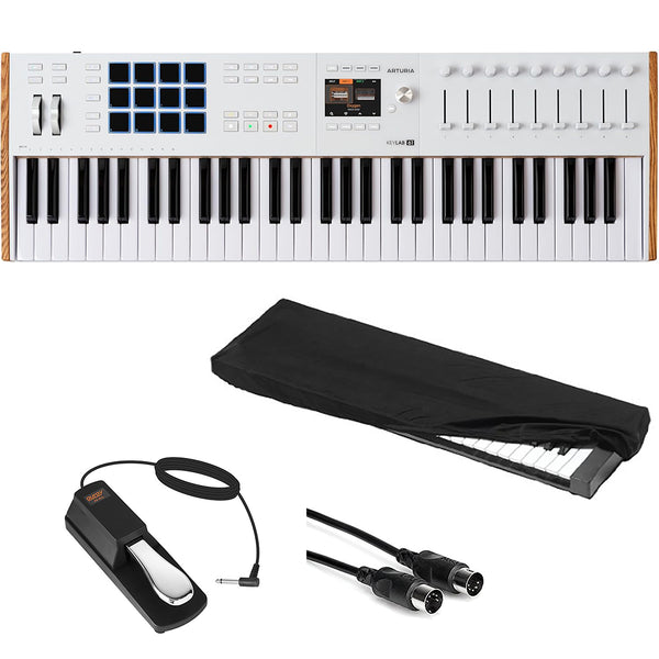 Arturia KeyLab 61 mk3 Professional MIDI Controller and Software (White) Bundle with Auray FP-P1L Sustain Pedal, Medium Keyboard Dust Cover, and 10' Black Midi cable