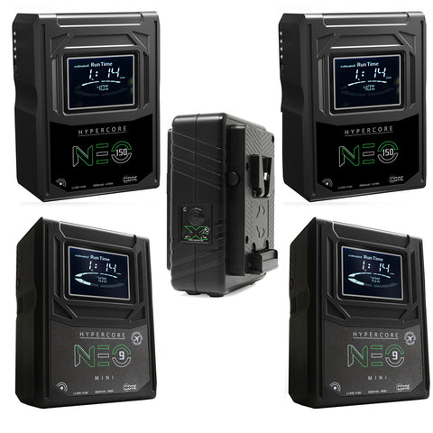 Core SWX 2X Hypercore NEO-150S 147Wh 14.8V 9.9Ah V-Mount Mini Li-Ion Battery - Bundle with 2X Hypercore NEO 9 Mini 98Wh 14.8V 6.6Ah V-Mount Li-Ion Battery, GPM-X2S Super Compact V-Mount Fast Charger