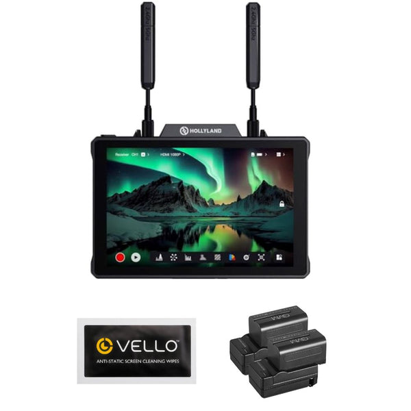 Hollyland Pyro 7 Wireless Video Transmitter & Receiver Bundle with GVM NP-F750 4400mAh Batteries with Travel Chargers (Set of 2), Anti-Static Screen Cleaning Wipes (5-Pack)