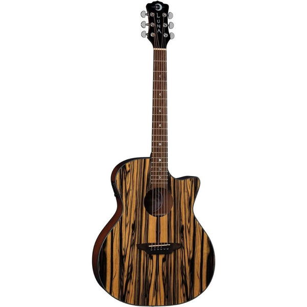 Luna Guitars 6 String Gypsy Exotic Black/White Ebony Acoustic/Electric Guitar, Gloss Natural, Right, (GYP E BWE)