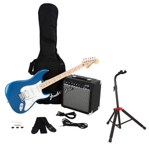 Fender Squier Affinity Series Stratocaster Electric Guitar Kit, Lake Placid Blue, Maple Fingerboard Bundle with Fender Guitar Stand, Height-Adjustable with Sturdy Metal