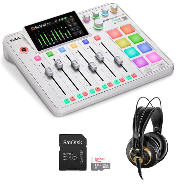 RØDE RØDECaster Pro II All-in-One Production Solution (White) Bundle with AKG Pro Audio K240 Professional Studio Headphones and SanDisk 32GB Memory Card with SD Adapter