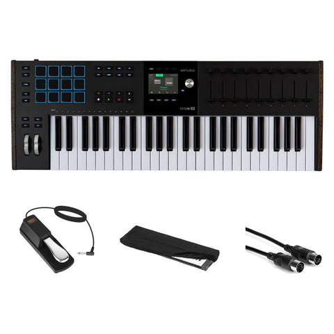 Arturia KeyLab 49 mk3 Black Key USB MIDI Keyboard Controller Bundle with Auray FP-P1L Universal Piano Sustain Pedal, Kaces KKC-MD Stretchy Keyboard Dust Cover medium, Hosa Mid-310 Black 10 cable