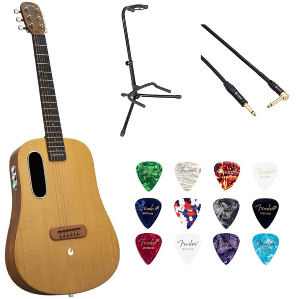 LAVA ME AIR Spruce 36 with Airflow BagWoodgrain Brown/Burlywood Bundle with Classic Celluloid Guitar Pick 351 Shape Medley 12-Pack, Rok-It Tripod Guitar Stand, Kopul Premium 3000 Male Instrument Cable