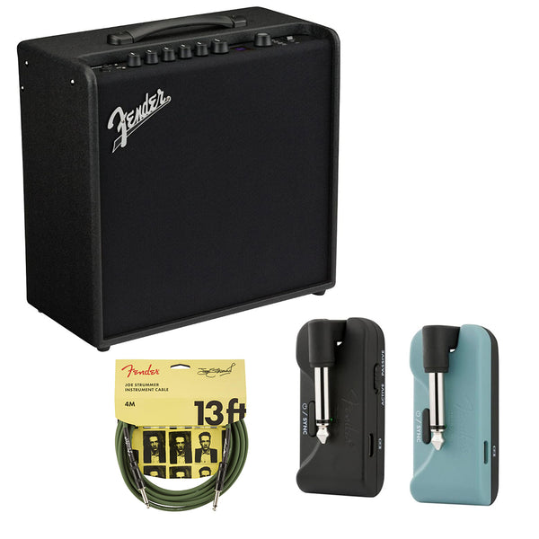 Fender Mustang LT50 Guitar Amp, 50 Watts, 30 Preset Effects Bundle with Fender Telepath Wireless System, Mystic Ice Blue and Black and Joe Strummer Instrument Cable, Drab Green, 13ft