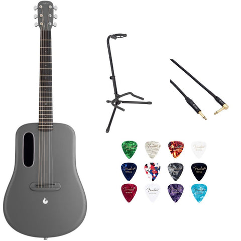 LAVA ME 4 Carbon 36 with Airflow Bag Space Grey w/ Rok-It Tripod Guitar Stand, Kopul PREM Performance Series Right Angle Cable and Celluloid Guitar Picks Shape Medium 12-Pack Bundle