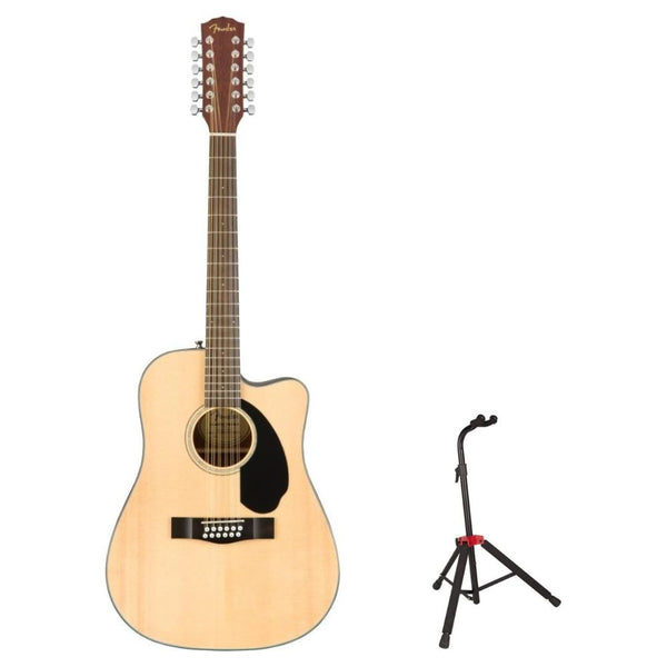 Fender 12-String Acoustic Electric Guitar Rounded Walnut Fingerboard Mahogany Construction Bundle with Fender Guitar Stand, Height-Adjustable with Sturdy Metal