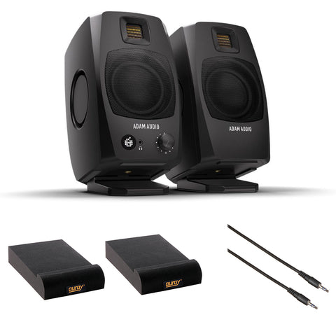 Adam Audio D3V(Black) Active Desktop Monitoring System Bundle with 2x Auray IP-S Isolation Pad for Studio Monitor and Comprehensive Stereo Mini Male to Stereo Mini Male Cable -6'