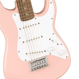 Squier Mini Stratocaster Electric Guitar- Shell Pink Bundle with Fender Professional Instrument Cable (10ft), Logo Guitar Strap and Classic Celluloid Guitar Picks 12-Pack